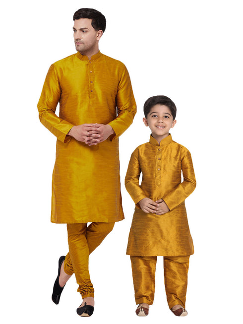 Vastramay Cotton Silk Blend Mustard color Baap Beta Kurta Pyjama Set